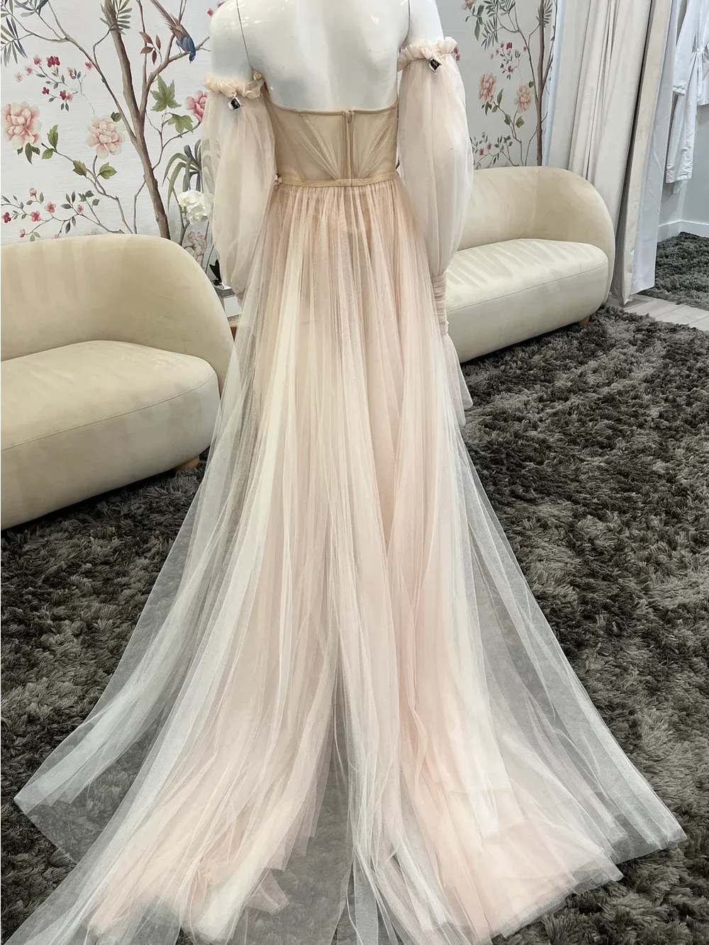 Sheer Off-Shoulder Tulle Gown in Champagne - Picture 6 of 10